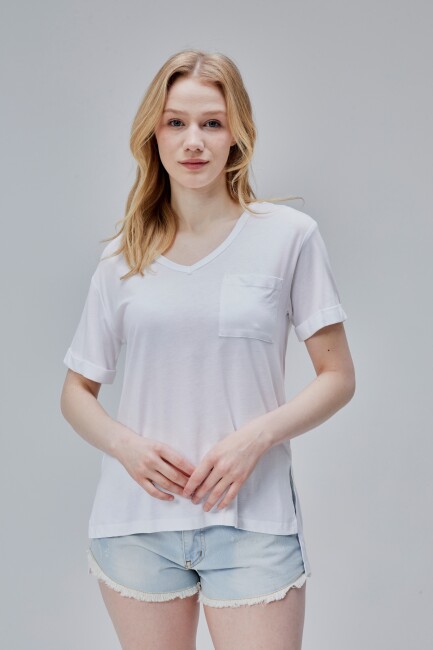 Storm 1.Kalite Kadın %100 Pamuk Penye Rahat Kesim Bayan Cepli V Yaka Yırtmaçlı T-Shirt - 12