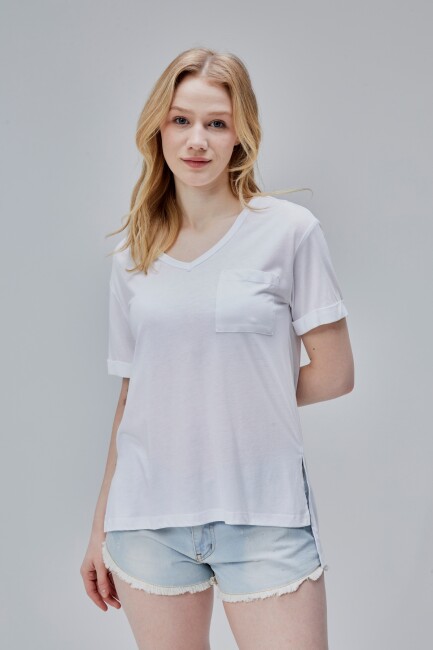 Storm 1.Kalite Kadın %100 Pamuk Penye Rahat Kesim Bayan Cepli V Yaka Yırtmaçlı T-Shirt - 14