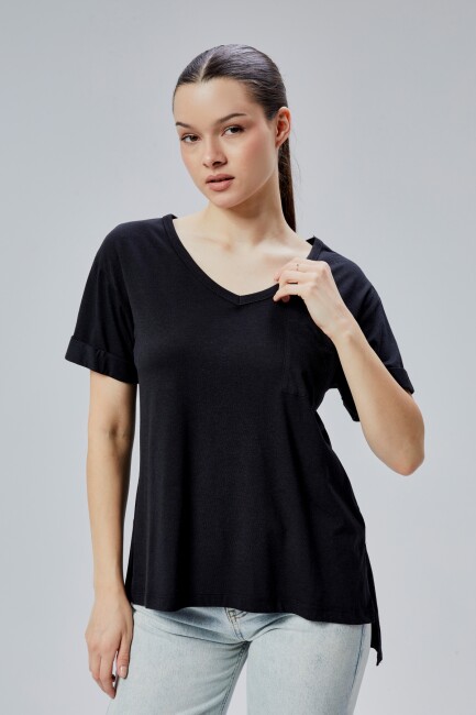 Storm 1.Kalite Kadın %100 Pamuk Penye Rahat Kesim Bayan Cepli V Yaka Yırtmaçlı T-Shirt - 20