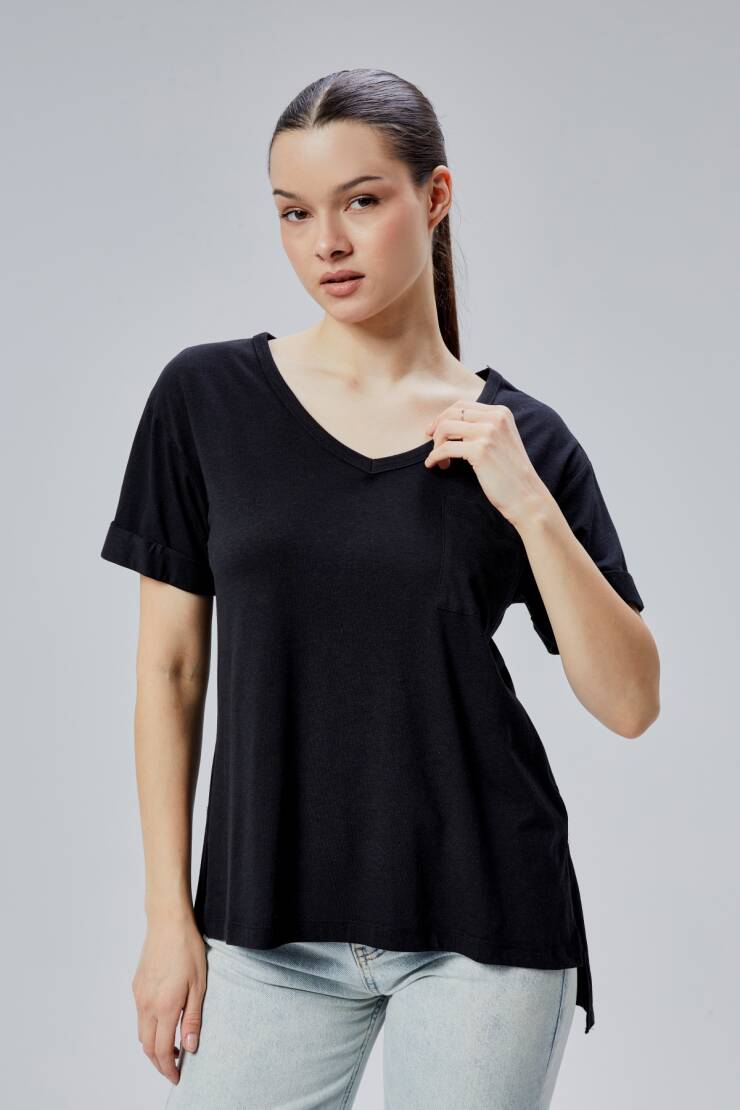 Storm 1.Kalite Kadın %100 Pamuk Penye Rahat Kesim Bayan Cepli V Yaka Yırtmaçlı T-Shirt - 20