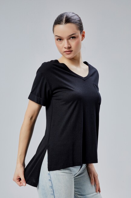 Storm 1.Kalite Kadın %100 Pamuk Penye Rahat Kesim Bayan Cepli V Yaka Yırtmaçlı T-Shirt - 19