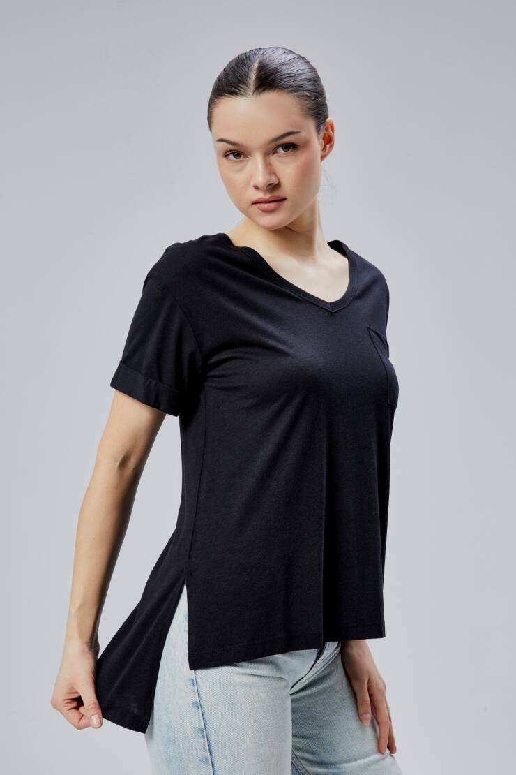 Storm 1.Kalite Kadın %100 Pamuk Penye Rahat Kesim Bayan Cepli V Yaka Yırtmaçlı T-Shirt - 19